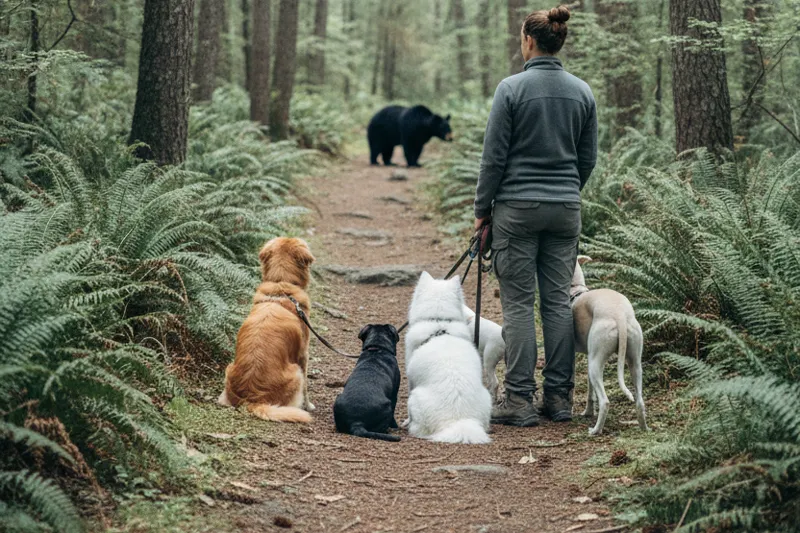 Dog walker holding four leashed dogs at a calm standstill while a black bear crosses the trail far ahead