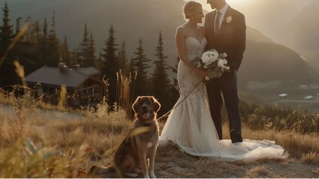 A dog sitting in the grass beside a couple on a Whistler mountainside on their wedding day